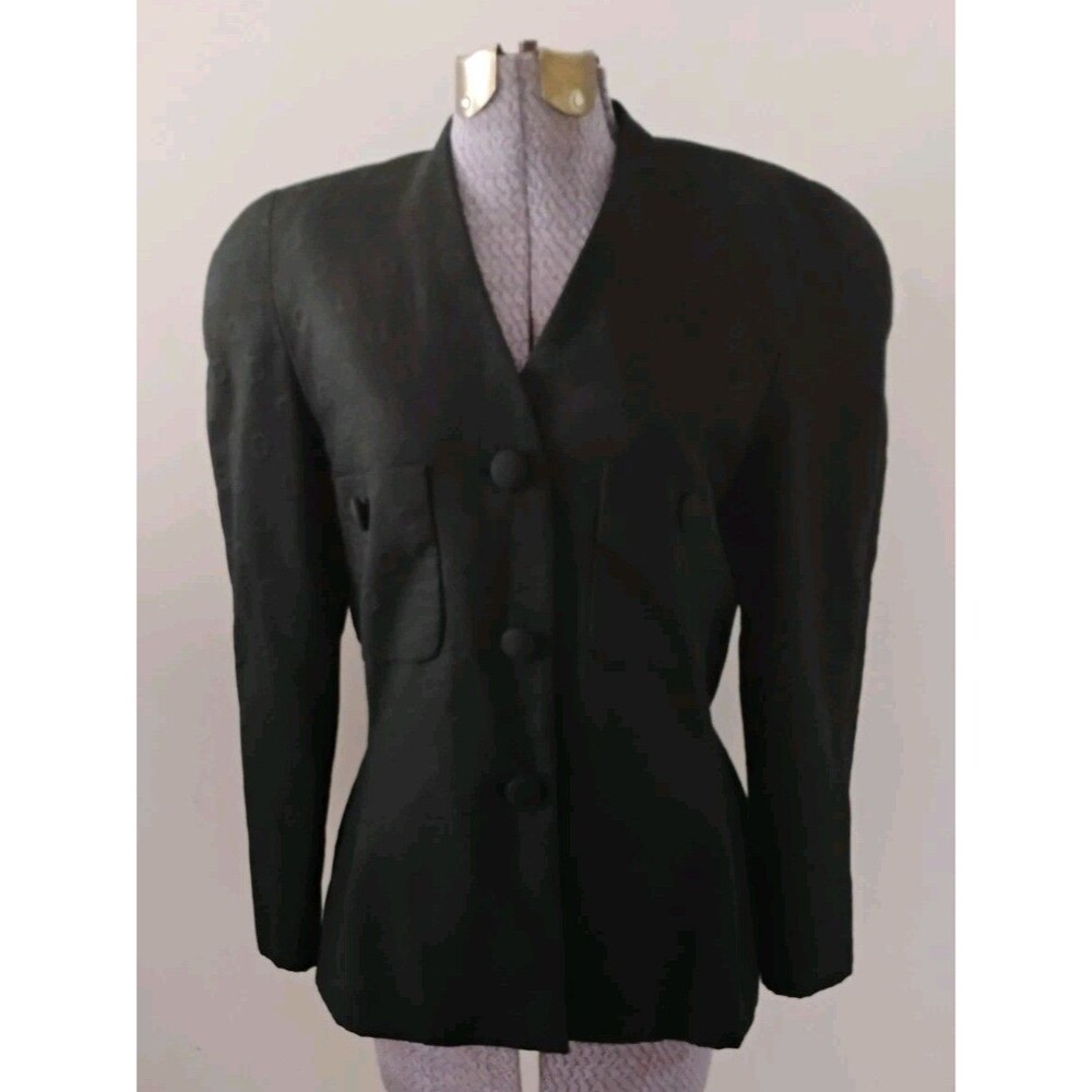 Carolina Herrera Black Cotton Blazer Jacket Sz 8 Luxury Designer Tailored Dotted